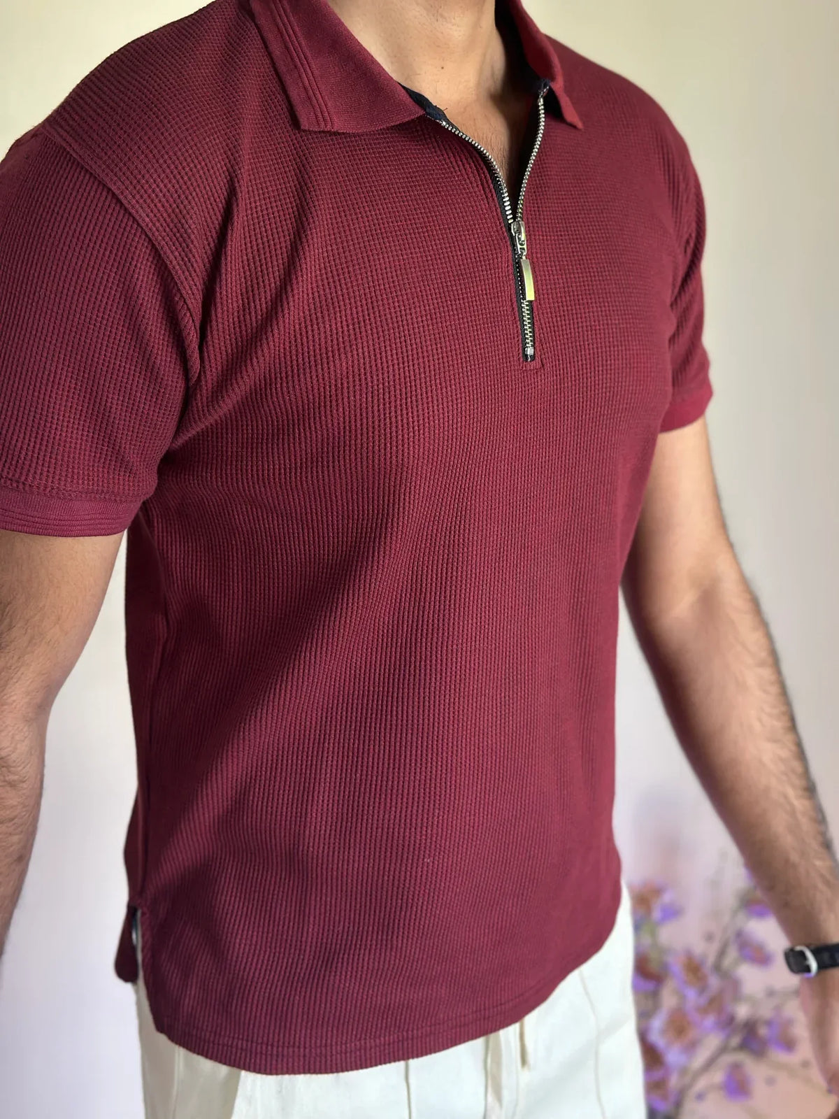 MAROON KNITTED ZIPPER POLO.