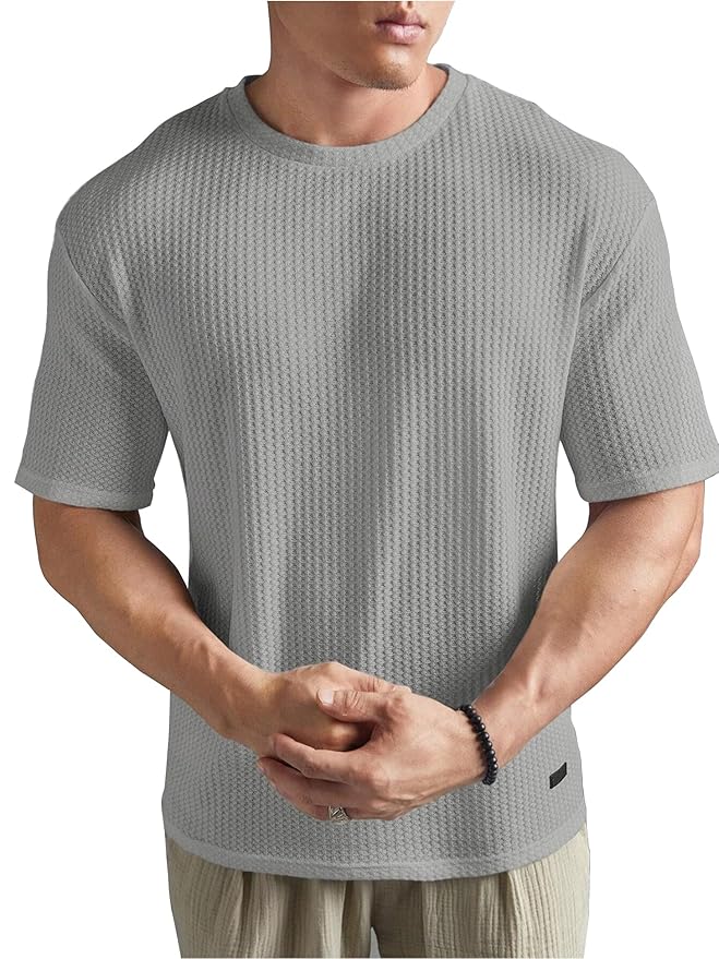 Waffle round neck drop shoulder t shirt.